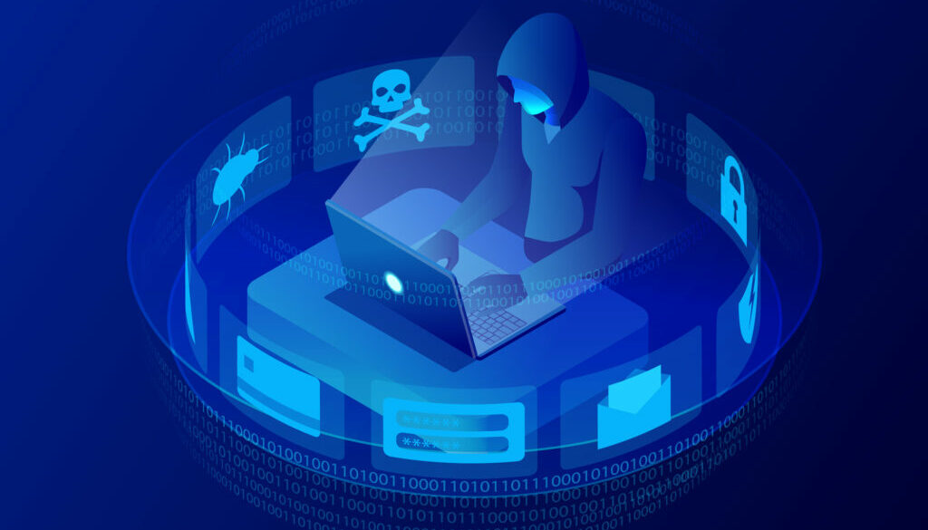 Isometric vector Internet hacker attack and personal data security concept. Computer security technology. E-mail spam viruses bank account hacking. Hacker working on a code. Internet crime concept.