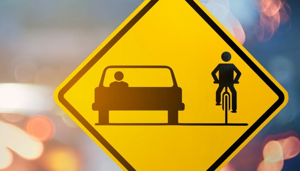 Bicycle and car share warning sign on blur traffic road with colorful bokeh light abstract background. Copy space of transportation and travel concept. Vintage tone filter color style.