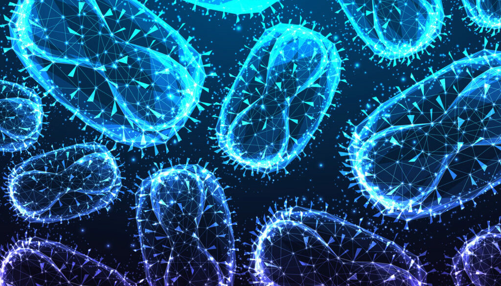 Abstract monkey pox virus microscopic view banner concept in glowing low polygonal style on blue
