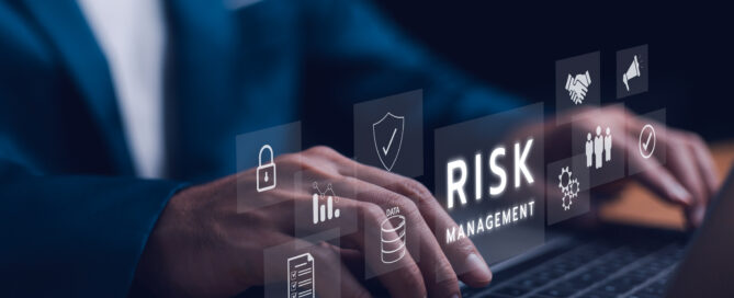 Risk management strategy concept. A businessman use laptop analyzing, a risk management interface with critical strategy. Risky business risk management control and strategy. Stability unforeseen.