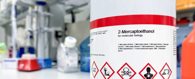 Can with 2-mercaptoethanol - an extremely dangerous substance, labelled with symbols indicating that the content is toxic, poses health hazard and environmental hazard